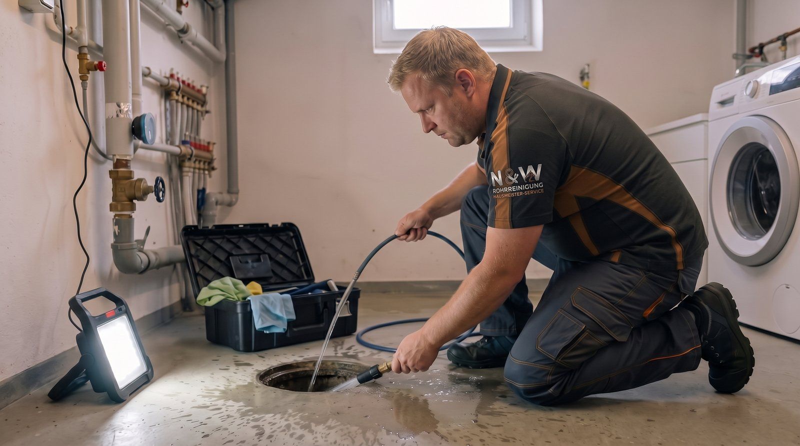 Techniker spült im Keller einen Bodenablauf mit dem Hochdruckschlauch