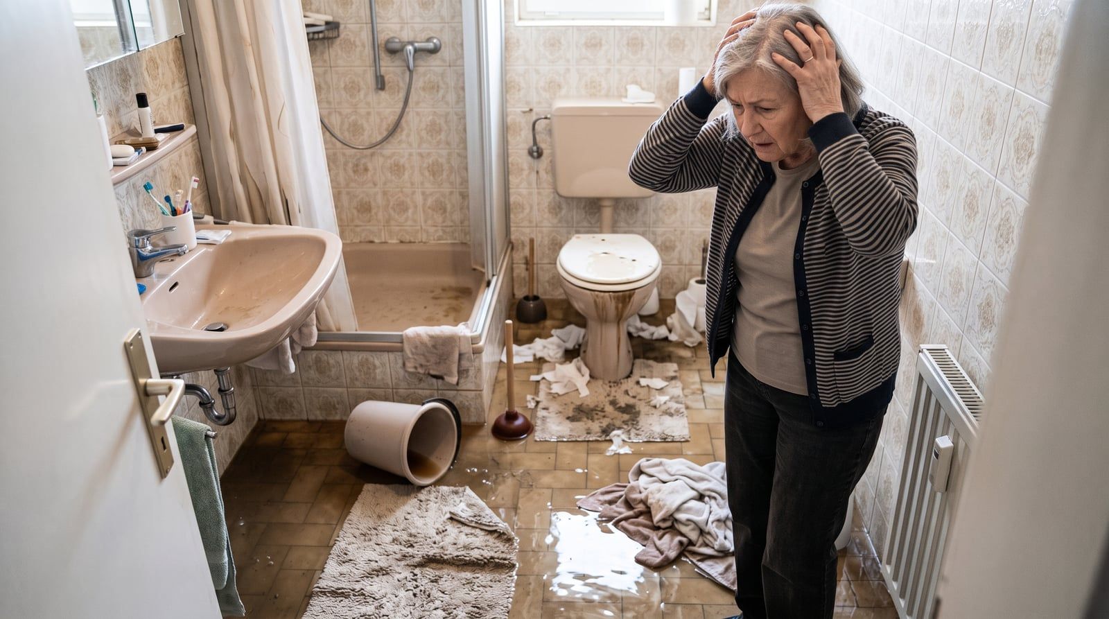 Ältere Frau steht erschrocken in ihrem überschwemmten Bad, die Toilette ist übergelaufen
